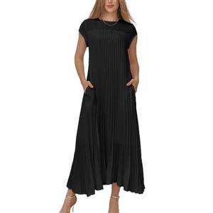 KEOMUD Women Summer Pleated Maxi Dress Casual Short Sleeve Crewneck Flowy Swing Long Dress with Pockets Black, Small
