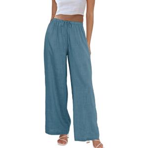 Duyang Womens Cotton Linen Palazzo Pants Drawstring Elastic Waist Casual Wide Leg Trousers with Pockets (X-Large, Lake-blue)