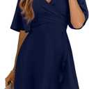 Dokotoo Women's Wrap V Neck Short Flared Sleeve Wedding Guest Dress Smocked Elastic Waist Tiered Belted Ruffle Hem Mini Dress (Blue, XXL)