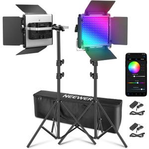 NEEWER Upgraded 660 PRO II RGB LED Video Light with App Control & Tripod Stand Kit, Pack of 2 50W/1% Min Dimming/CRI97+/3200~5600K Key Lighting for Game Streaming YouTube Recording Studio Photography