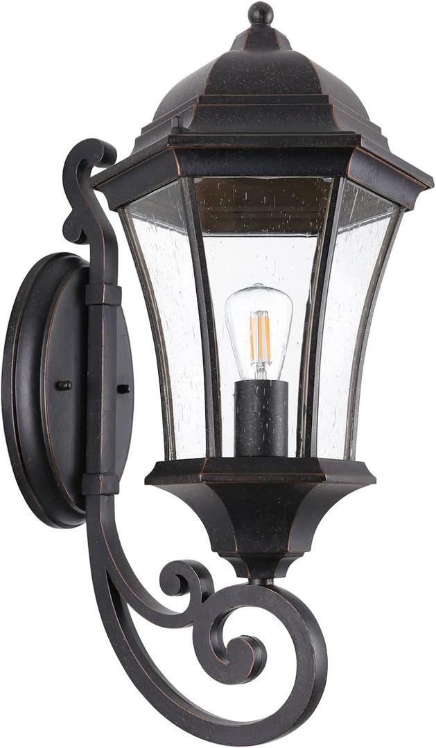 19.5in Large Outdoor Wall Light Fixture for Porch, Bronze Aluminum Exterior Door Lantern Light with Wall Mount Outside Wall Sconce with Clear Seeded Glass