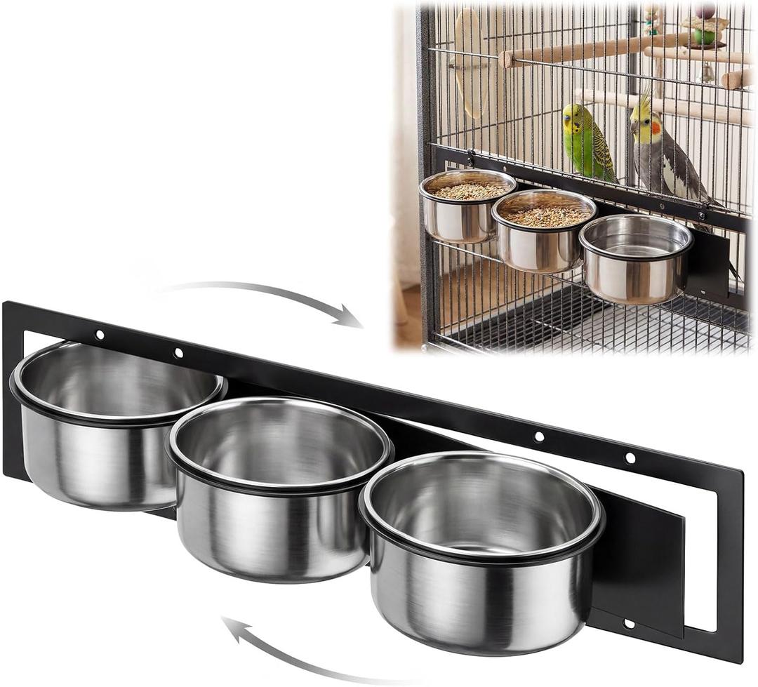 LemonRoad 3 Pcs Stainless Steel Bird Feeder Cups with Swing Gate, Rustproof Parrot Feeding Station (18.9" x 5.12") for Parrots, Cockatiels, Lovebirds, Easy to Install, Perfect for Large Bird Cages