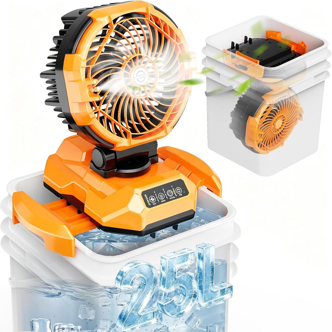 25L Portable Misting Fan, 30000mAh Rechargeable Battery Powered Oscillating Cooling Fan, Outdoor Fans for Camping, Patio, Adjustable Base for 10-13in Water Tank (Bucket Included)