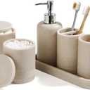 Bathroom Accessories Set, 6-Piece Bathroom Accessory Set, Toothbrush Holders Set, Soap Dispenser, Vanity Tray, Tumbler, Cotton Swab Jars, Bathroom Organizer for Modern Bathrooms(Beige)