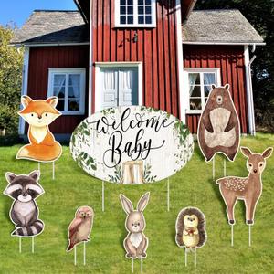 Fumete 8 Pcs Woodland Animals Baby Shower Yard Signs, Gender Neutral Forest Welcome Baby Decorations with Stakes, Jungle Animal Lawn Signs for Indoor and Outdoor Party Supplies
