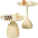 Modern Fluted Drum Coffee Table Set: Round Accent End Table, Beige