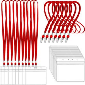 LOCONHA 100 Sets Clear Plastic Horizontal Name Tags Badge ID Card Holders and Lanyards with Clip lanyards for id Badges (100, Red)