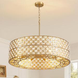 30inch Gold Crystal Chandelier, 2-Tier Round Drum Brass Chandeliers Modern Luxury, 8-Light Splicing Crystal Pendant Ceiling Light Fixture for Dining Living Room Foyer Kitchen Entryway