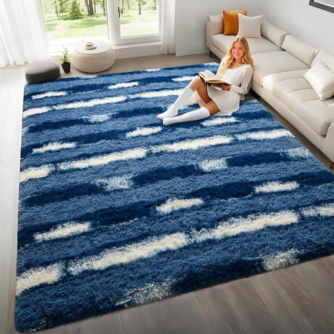 5x7 Feet Area Rugs for Living Room Bedroom,Blue and White Machine Washable Soft Fluffy Shaggy Indoor Rug, Floor Carpet for Girls Boys Kids, Dorms, Nursery Rooms, Home Decor Aesthetic