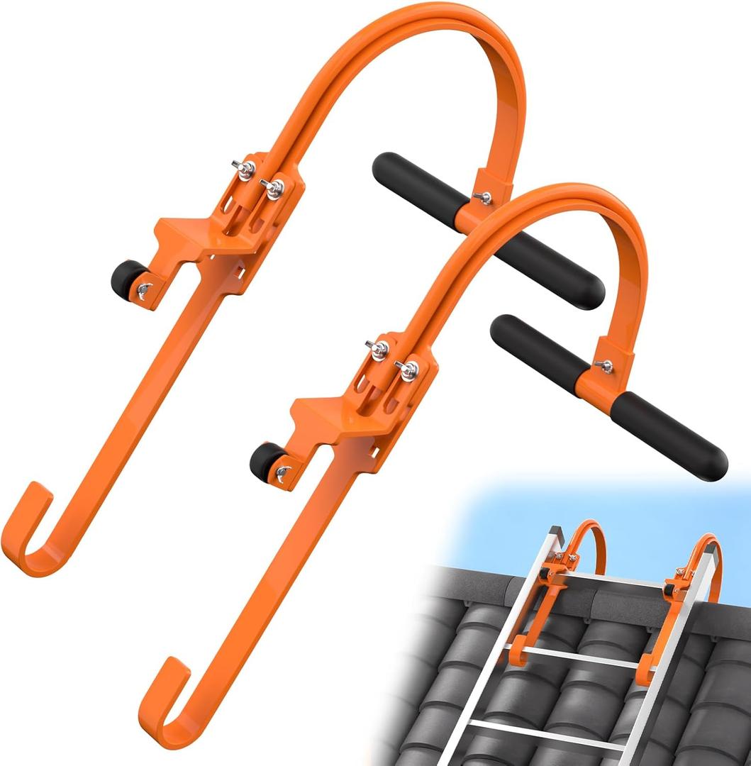 2 Pack Ladder Hooks for Roof Ridge with Wheel,Heavy Duty Ladder Roof Hook with Rubber Grip T-Bar,Upgrade Load-Bearing Steel Bars Extension Ladder Stabilizer for 500 lbs Weight (Patent Pending)
