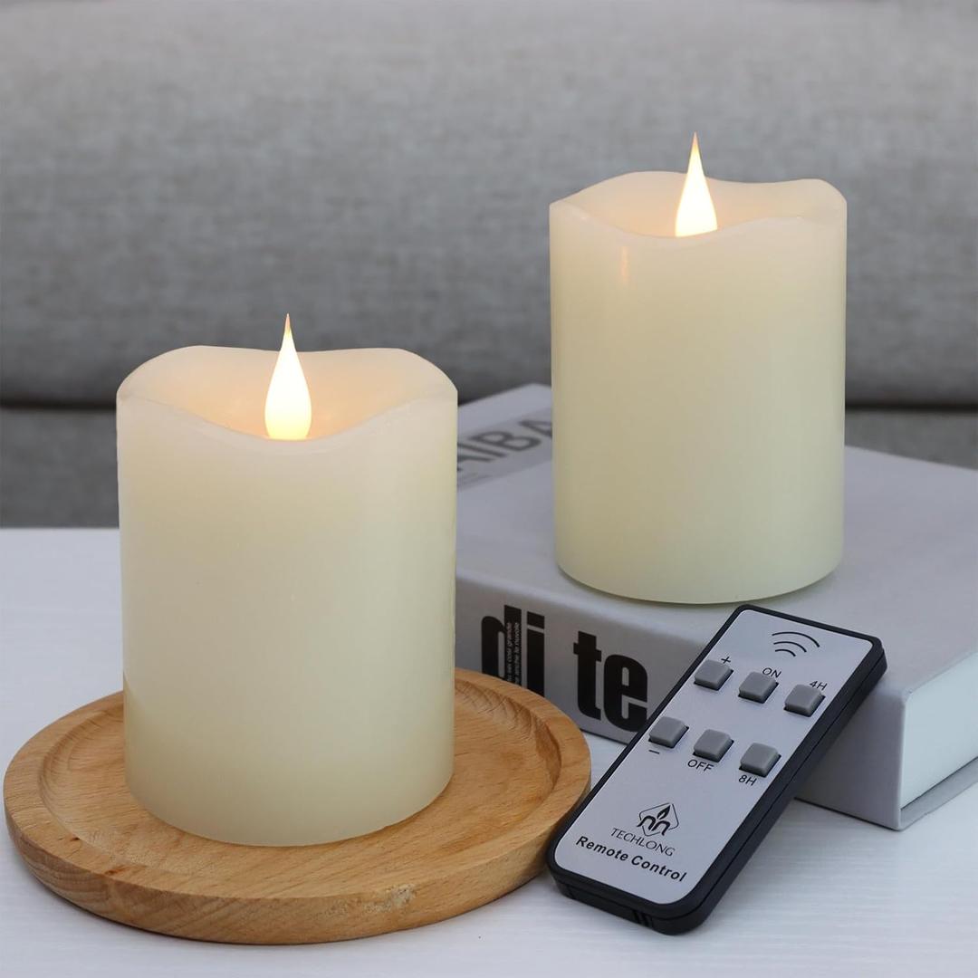 Flameless Candles Battery Operated with Remote Timer, 3D Moving Flame Flickering, Last 600+ Hours Battery Candles, 3" x 4" Ivory Real Wax Electric LED Candle for Wedding Party, Set of 2 