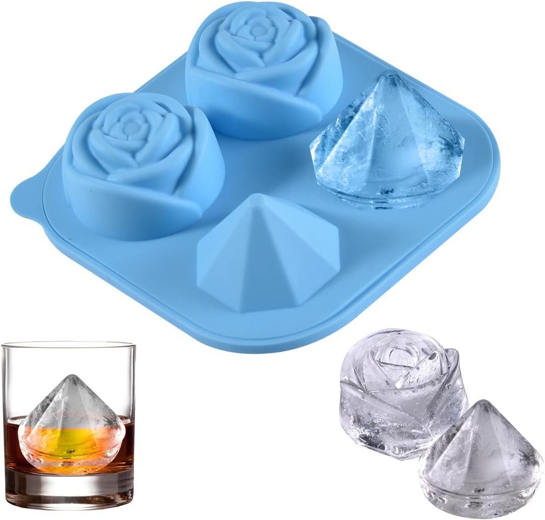 4 x Rose Shaped Ice Cube Tray Elegant Silicone Mold for Unique Ice Cubes, Perfect for Cocktails, Drinks, and Special Occasions 4 grids -Blue