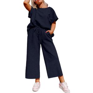 Eytino Womens Plus Size Sweatsuits Casual Short Sleeve Tops High Waist Wide Leg Pants 2 Piece Tracksuit Lounge Sets(1X-5X) (Navy Blue)