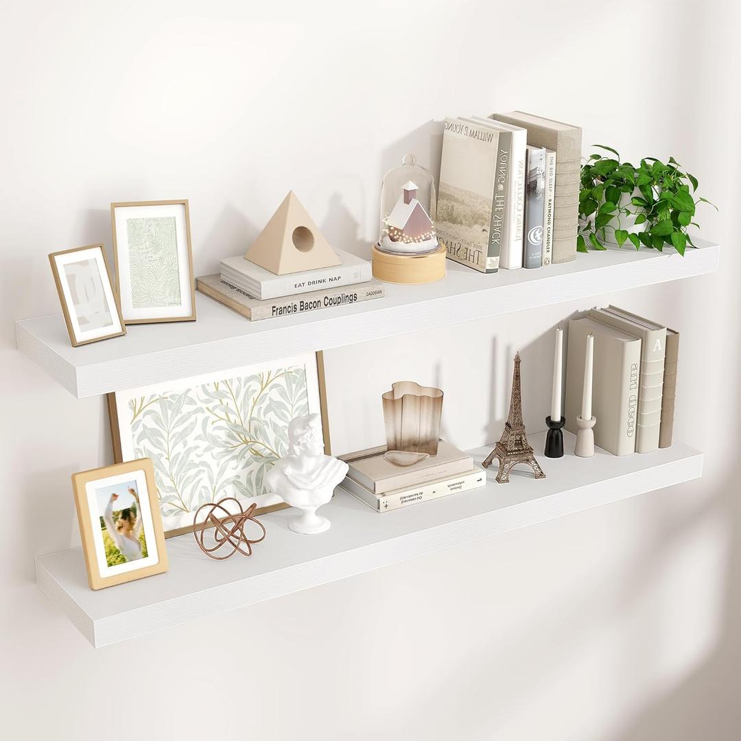 Floating Shelves for Wall, 48"W x 9"D x 1.5"H, 2 Pack of Long Wall Mounted Engineered Wood Shelves with Invisible Brackets for Living Room, Bedroom, Bathroom, Kitchen Decor and Storage, White (48"W x 9"D, 2 pack)