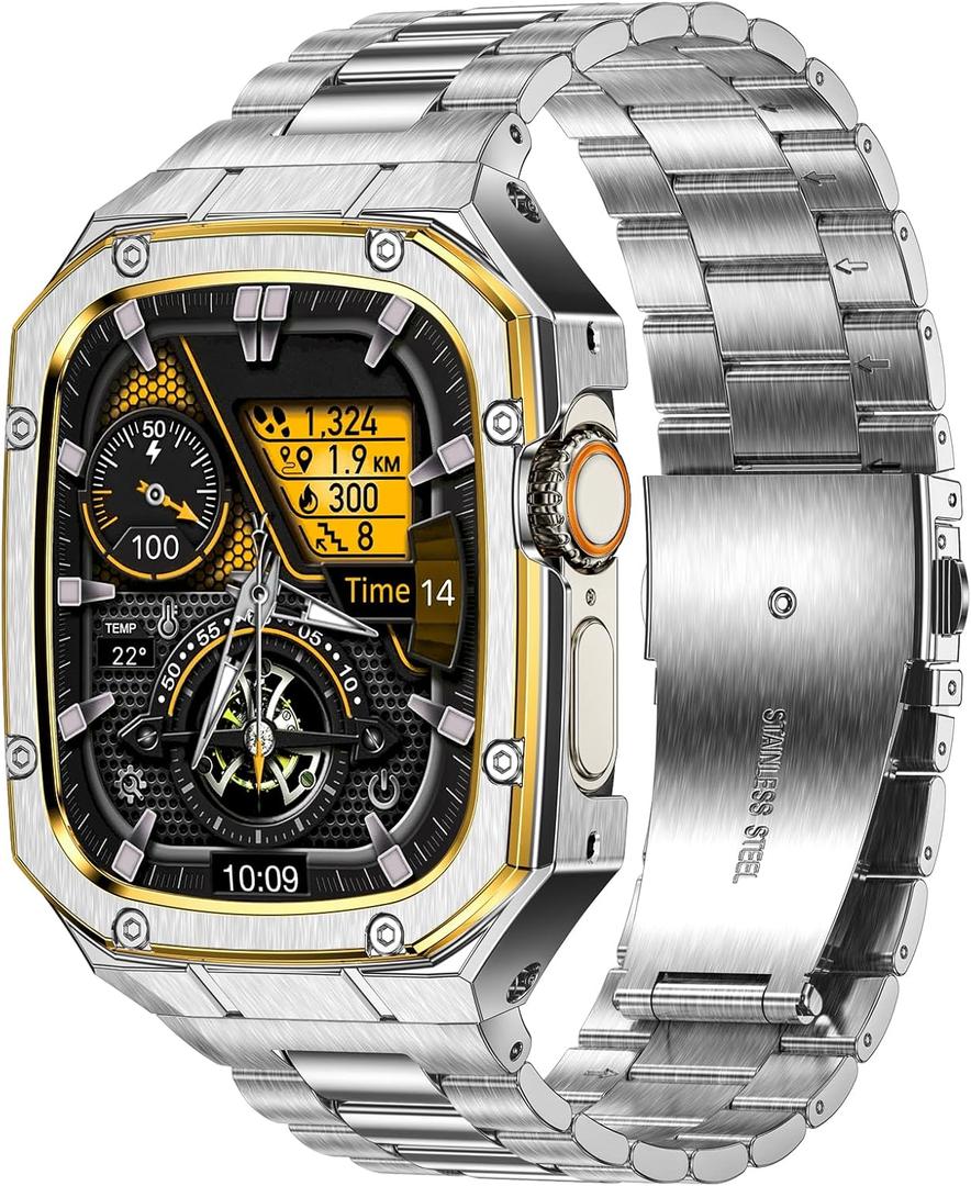 Stainless Steel Watch Band with Case Compatible with Apple Watch Ultra 3 2 1 band (49mm), Rugged Strap with Metal Protective Bumper Cover for iWatch Bands Men (Silver/Gold)