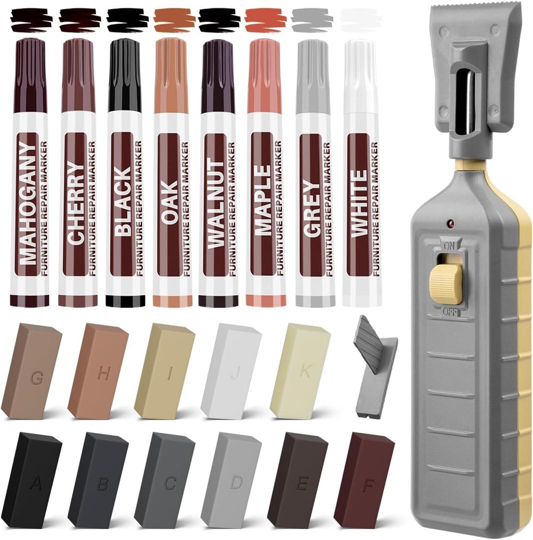 Vinyl Floor Repair Kit with Heat Pen,11 Colors Wood Filler Set,Laminate Floor Furniture Repair Kit Wax Wood Touch Up Markers,for Stains, Scratches,Cover Ups,Wood Floors,Desks and Hole for Door,Cabinet