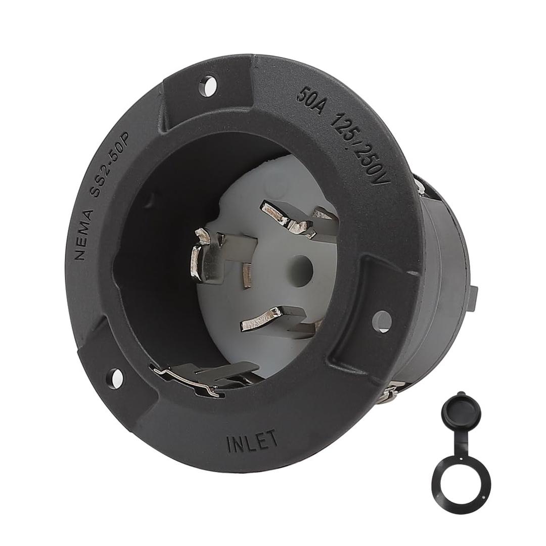 Nema SS 2-50P 50Amp 125/250V Twist Lock Marine Shore Power Inlet with Weatherproof Cover. Heavy Duty 50Amp Camper Boat Assembly Plug, ETL Verified Black