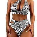 WDIRARA Women's 2 Piece Zebra Print Cut Out One Shoulder High Waist Bikini Set Swimsuit Black and White, M