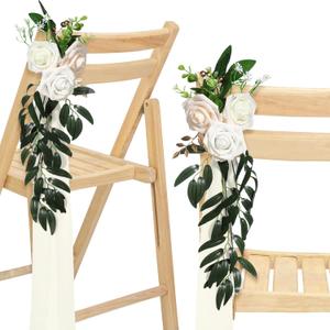 Hoteam 16 Pcs Wedding Aisle Decorations for Wedding Ceremony Pew Artificial Flowers Rose for Church Chair Back Floral with Eucalyptus Leaves and Ribbons Ceremony Party Decor(White)