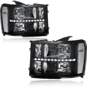Pair Headlights for 2007-2013 GMC Sierra 1500 2500HD 3500HD Front Lights w/LED Bar Replace Black Housing Clear Reflector
