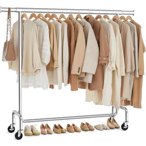 SONGMICS Clothes Rack with Wheels, Heavy-Duty Garment Rack with Extendable Hanging Rod, 286.6 lb Load Capacity, 17.7 x (43.3-59.1) x 64.1 Inches, Chrome-Plated, Silver UHSR11S