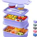 Lunch Box Adults Bento Box - 74 OZ All-in-One Stackable Lunch Box Containers for Adult Large Bento Box with Fork Spoon Sauce Boxes, Leakproof Lunchbox for Work School Dining Out,Macaron-Purple (4-Macaron Purple)