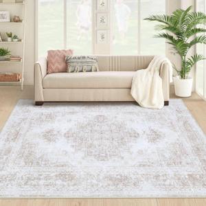 Area Rug 4x6 Vintage Rug, Machine Washable Vintage Distressed Medallion Rug Non-Slip Soft Low Pile Large Indoor Rugs for Bedroom Kitchen Dining Room Office(Beige,4'x6'), 2 Pack