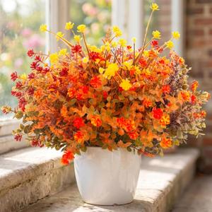 Hananona 12 Pcs Artificial Fall Flowers Outdoor, Faux Artificial Plants UV Resistant Plastic Autumn Flower for Hanging Planter Front Door Porch Window Home Decor (12, Orange)