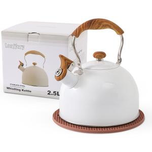LONFFERY Tea Kettle, 2.5 Quart Whistling Tea Kettle, Tea Pots for Stove Top Food Grade Stainless Steel with Wood Pattern Folding Handle - White