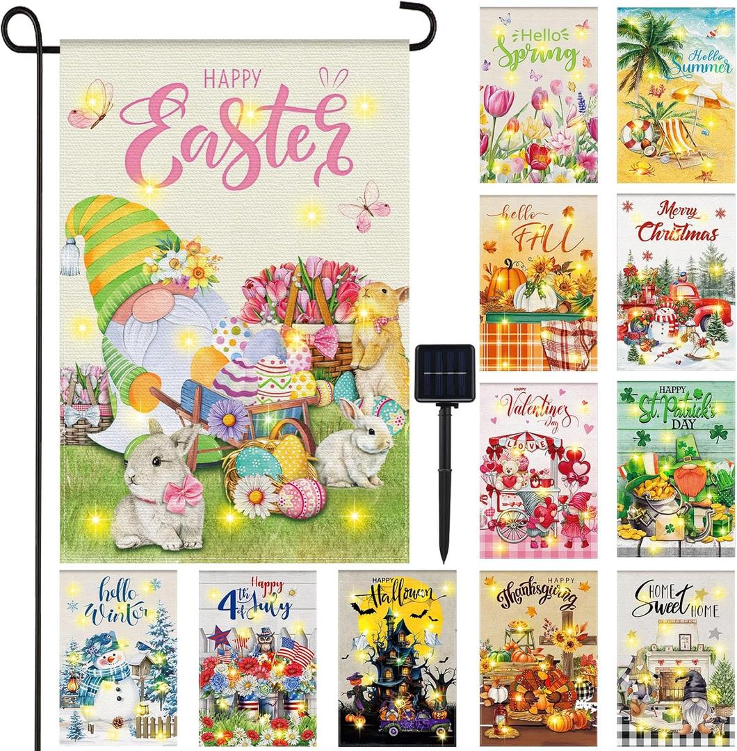 Breling 12 Pack Garden Flags with Solar Lights, 12x18 Inch Double Sided Seasonal Yard Flags - Holiday Decorations for Easter, Spring, Summer, Fall, Christmas, Halloween & More