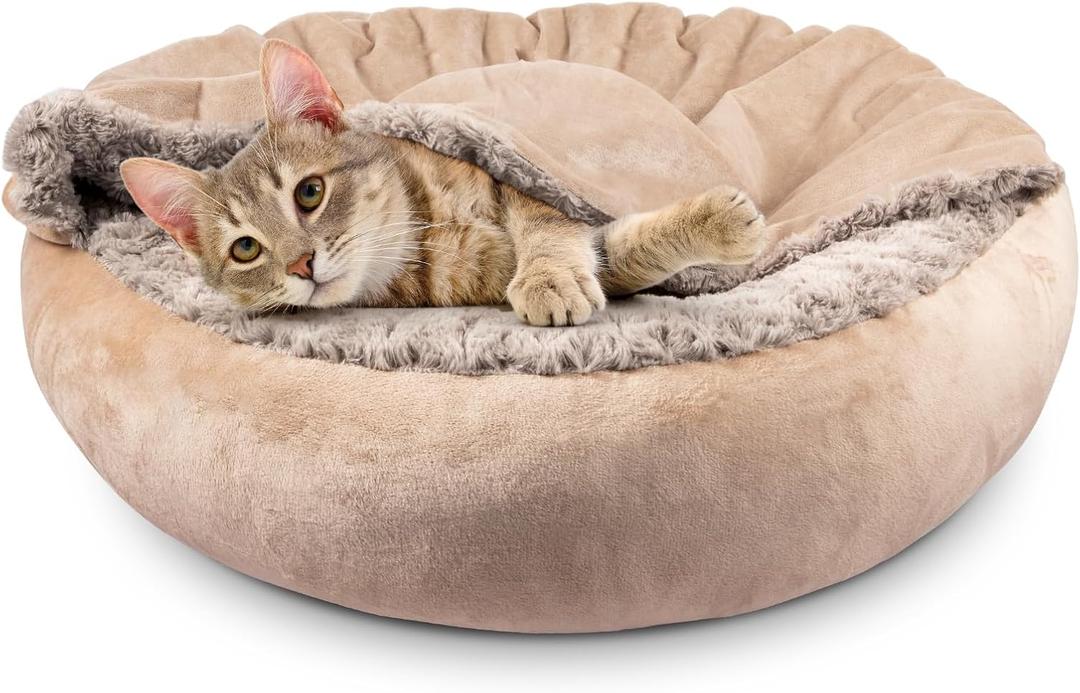 JOEJOY Small Dog Cat Bed With Hooded Blanket, Cozy Cuddler Luxury Puppy Pet Donut Round Calming Anti-Anxiety Burrow Cave - Anti-Slip Bottom, Machine Washable, 23 Inch (Beige)