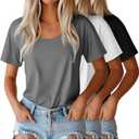 Neer 3 Pack Women's Scoop Neck Short Sleeve Tops Loose Fit Basic Casual T Shirts Lounge Layer Tees Summer (Large)
