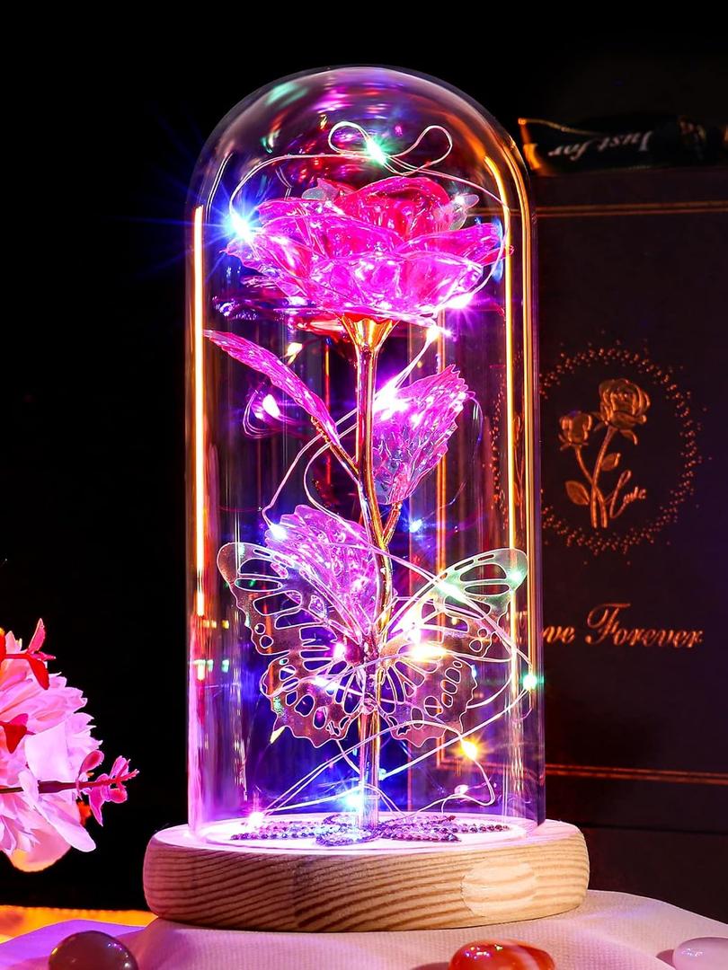 Beferr Mothers Day Rose Gifts for Mom Galaxy Glass Roses Preserved Forever Flowers for Delivery Light Up Rose in Glass Dome Anniversary Birthday Gifts for Women Grandma Wife Her Daughter Friend Pink