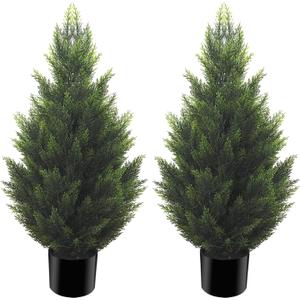 3FT Artificial Cedar Topiary Tree Lifelike Faux Cedar Pines Christmas Trees UV Rated Faux Shrubs Everygreen Plants for Front Porch Outdoor Decor Set of 2