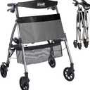 Stander Wonder Rollator Plus Short, Lightweight Junior Folding Mobility Aid for Petite Adults, Seniors, and Elderly, Collapsible Travel Rolling Walker with Four Wheels and Seat, Black Walnut