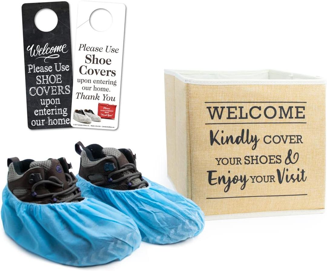 Premium Linen Look Foldable Shoe Cover Bin, Indoor Real Estate Bootie Box, Open House Supply w/ 10 Pair Shoe Covers and Please Use Shoe Covers Double Sided Door Hanger; Linen Bin w/10 Pair Shoe Covers