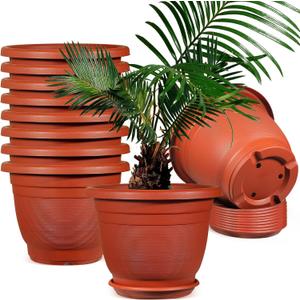 10 Pack 12 Inch Plastic Flower Pots Planters for Indoor Plants, Plant Pots with Drainage Hole and Tray Large Plant Pot with Saucer for Garden Outdoor Indoor (10, 12 Inch)