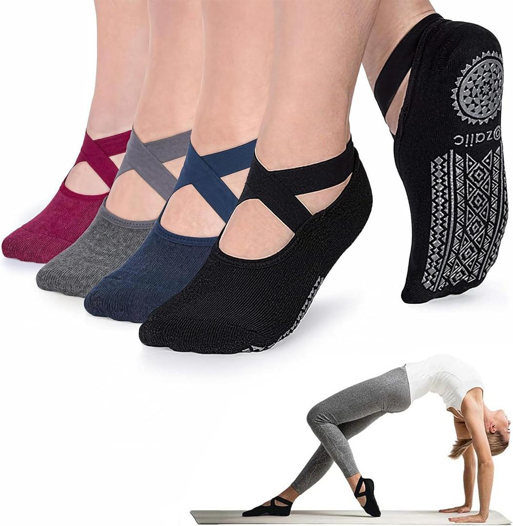 Ozaiic Pilates Socks for Women Non Slip Grip, Yoga Socks with Grippers for Barre, Hospital, Ballet, Dance, Barefoot Workout (One Size, 4 Pairs - Black/Navy/D.gray/ Burgundy)