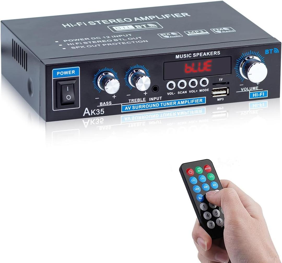 AK35 Bluetooth 5.0 Stereo Amplifier, 2.0 Channel Mini Audio Receiver, 30Wx2 Home HiFi Audio Amp with Bass/Treble Control for Home Theater, TV, Speakers, Car