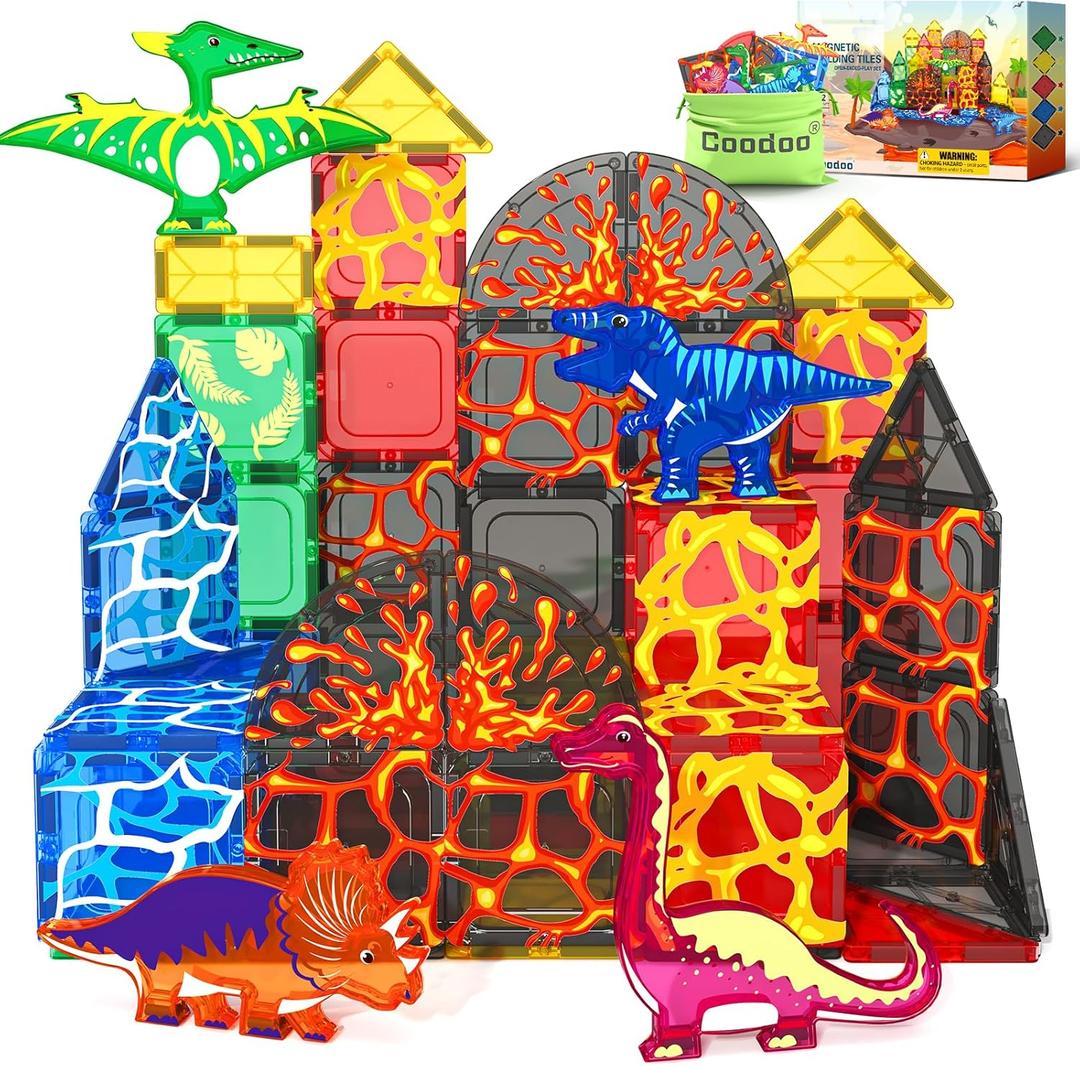 Coodoo Dinosaur Toys Magnetic Tiles Lava Dinosaur World Set - Magnetic Blocks Building for Kids 3-5 5-7 Girls Boys Toy Age 4-6 6-8, Classroom Must Haves Toddler Sensory for 3+ Year Old Kids Toys