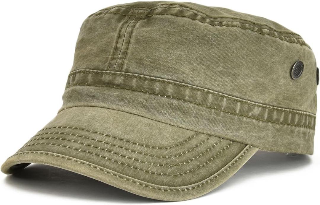 VOBOOM Washed Cotton Military Cadet Army Caps Unique Design Vintage Flat Top Hat (One Size)