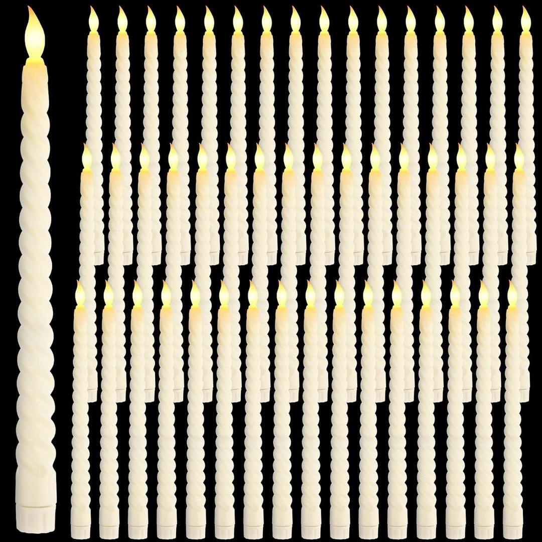 Retisee 50 Pack Flameless Taper Candles Bulk 10.8 Inch Ivory Spiral Battery Operated Flickering Warm 3D Wick Light LED Candlesticks for Halloween Christmas Wedding Home Window Decorations