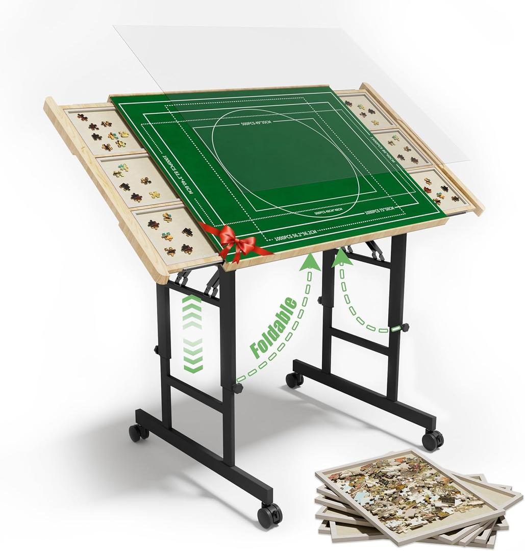 CODACE Puzzle Table with Drawers - 1500 Pieces Folding Puzzle Tables for Adults, Tilting Jigsaw Puzzles Board with Sorting Trays, Table with Adjustable Height Legs and WheelsPresent for Puzzles Lover