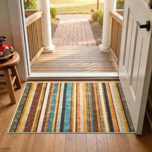 jinchan 2x3 Striped Rug for Entryway Washable Kitchen Rug Small Mat Non Slip Indoor Doormat Lightweight Low-Profile Decor Throw Carpet for Entrance Bathroom Laundry Room, Pine Dawn