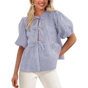 PRETTYGARDEN Women's Tie Front Striped Shirt 2026 Summer Trendy Fashion Cute Babydoll Tops Peplum Puffy Sleeve Blouse (Navy,XX-Large)