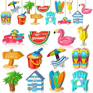 24 Pcs Summer Tree Ornaments Beach Wood Hanging Decoration Hawaiian Wooden Slices Pendant Summer Tree Hanging Ornaments Gift Tags Tropical Party Decor for Luau Party Supplies
