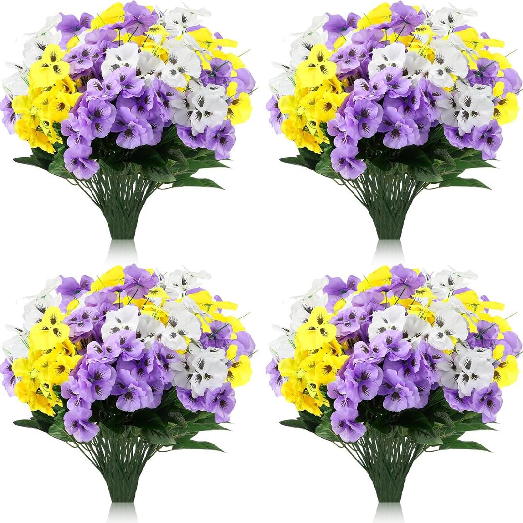 Zeyune 50 Bundles Artificial Flowers Outdoor UV Resistant Faux Silk Pansy Flowers Bulk Plastic Fake Plants for Home Wedding Kitchen Garden Table Centerpieces Summer Decor, Purple, Yellow, White
