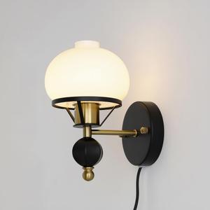 Plug in Wall Sconces, Hardwired Wall Lamp,Retro Black & Gold Color Blocking 1-Light Decorative Wall Sconce with White Glass Spherical Shade, for Bedrooms Hallways Living Rooms Vanity