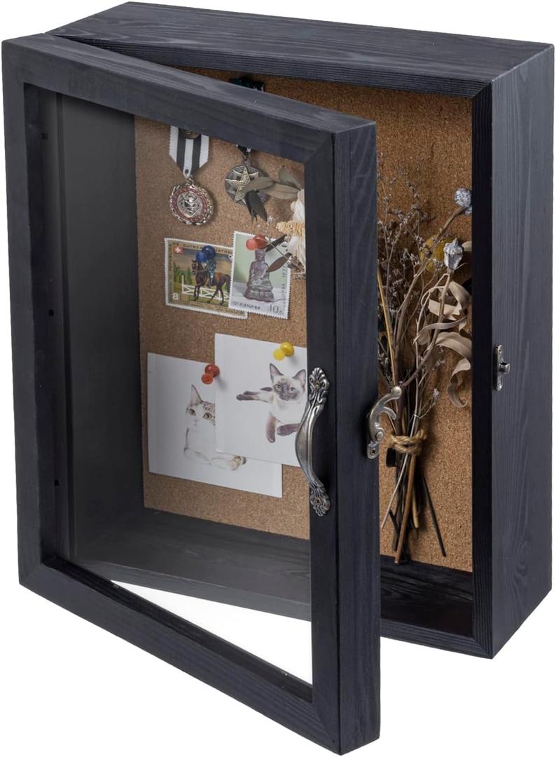 MyGift 11x14 Vintage Black Solid Wood Deep Shadow Box with Cork Board Backing, Wall Mounted Display Case with Clear Acrylic Front Window Panel, Metal Handle and Latch