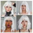 BATISI White Wavy Wig with Bangs Soft Short Bob Wigs for Women Synthetic Shoulder Length Women's Curly Wigs for Costumes Cosplay Daily